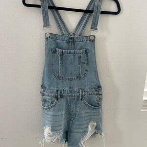 Denim Blue Distressed Short Overalls